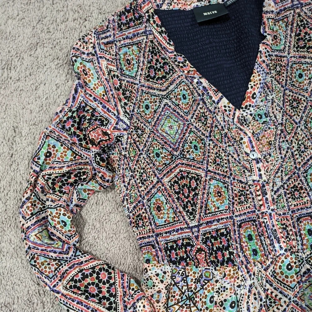 Maeve Anthropologie blue and red long‎ sleeve printed dress size Medium - Picture 2 of 10